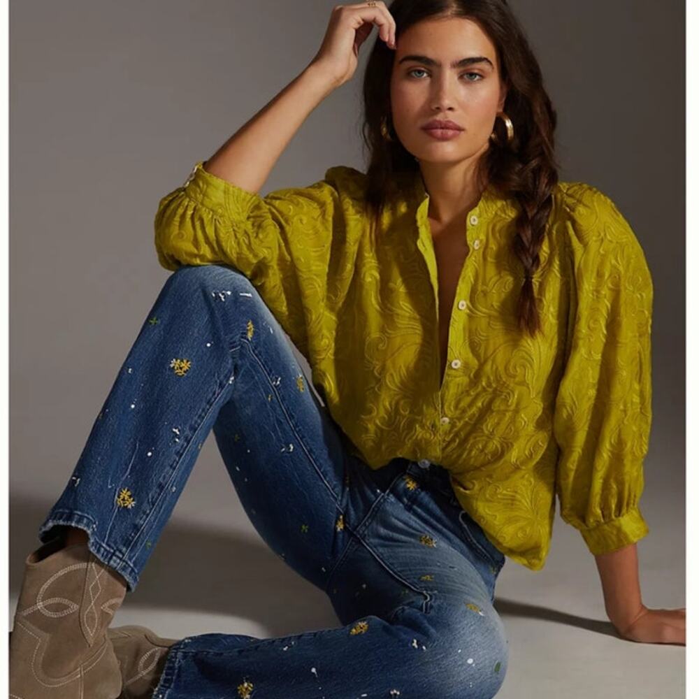 Anthropologie Pilcro Bella Embroidered Semi Sheer Button Down Blouse Green Sz XS - Picture 1 of 14